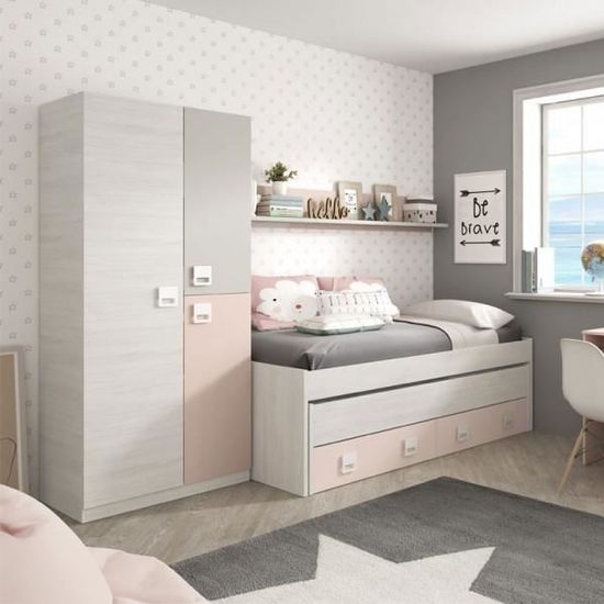 Armoire enfant - LOMLOM - 3 portes battantes - Bois blanchi/Rose ...