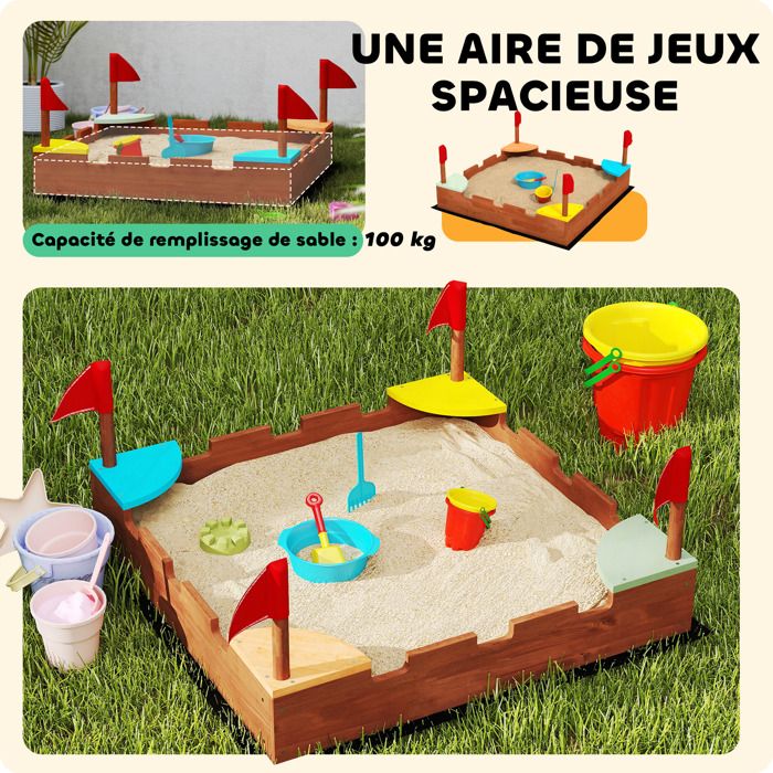 Bac à sable carré en bois pour enfants 4 assises en coin et film protection 109 x 109 x 19,8 cm bois naturel | - Jeux - Jouets Bac à sable carré en bois pour enfants 4 assises en coin et film protection 109 x 109 x 19,8 cm bois naturel | - Jeux - Jouets
