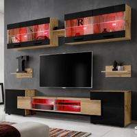 Ensembles de meubles TV Foggia Komodee - LED RGB - Noir Brillant & Bois Naturel -  Façades en Brillant - L235cm x H195cm x P35cm