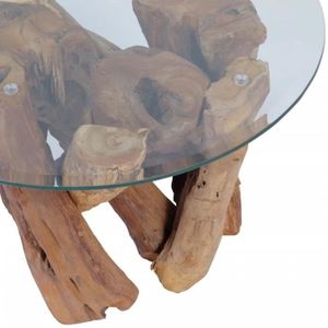 TABLE BASSE Table basse - VINGVO - Bois flottant de teck massif - Verre trempé - Style Vintage