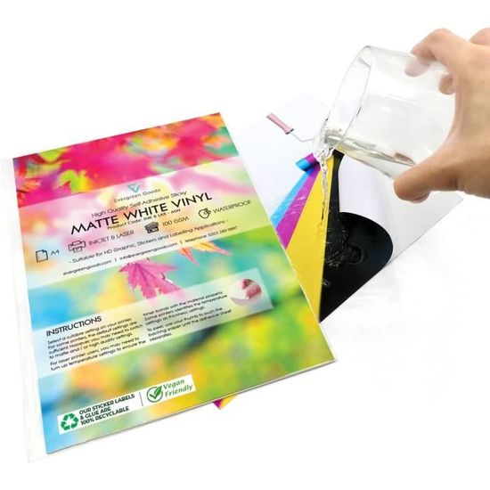 Papier Autocollant Vinyle Blanc Mat Evergreen 100 Feuilles A4 - Imperméable, Jet D'Encre/Laser