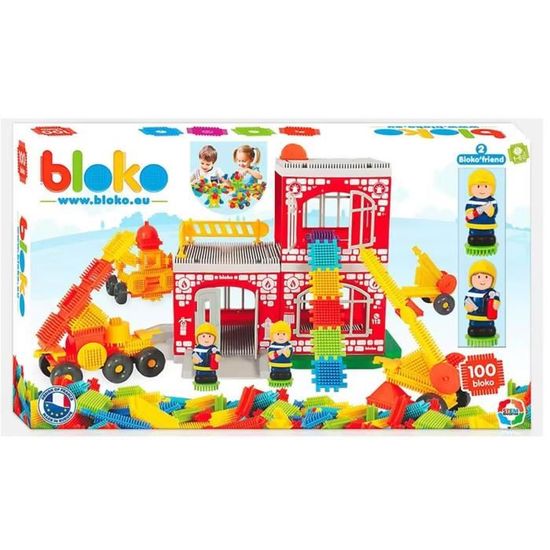 Jeu de construction Bloko - La Caserne Pompiers - 100 Bloko - 2 figurines 3D - Enfant - Multicolore - BLOKO