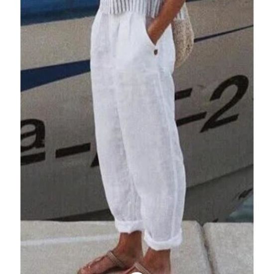 Pantalon Femme Été En Coton Lin – Taille Haute, Jambe Large – Pantacourt Décontracté Chic Pour Vacances