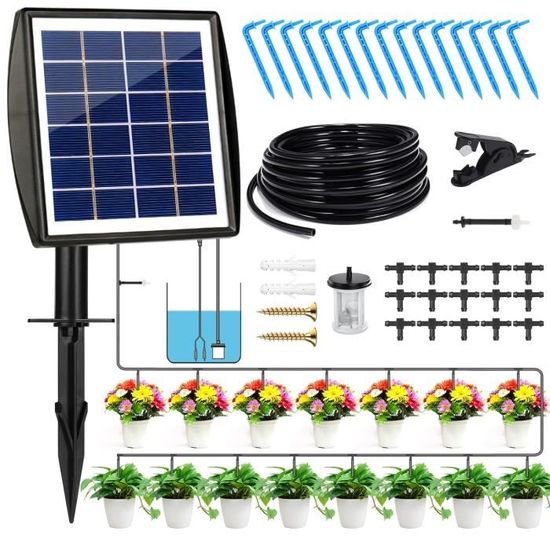Kit D'irrigation Goutte à Goutte Solaire Automatique - 15m De Tuyau + 15 Goutteurs - 12 Modes Pour Plantes En Pot Et Balcon
