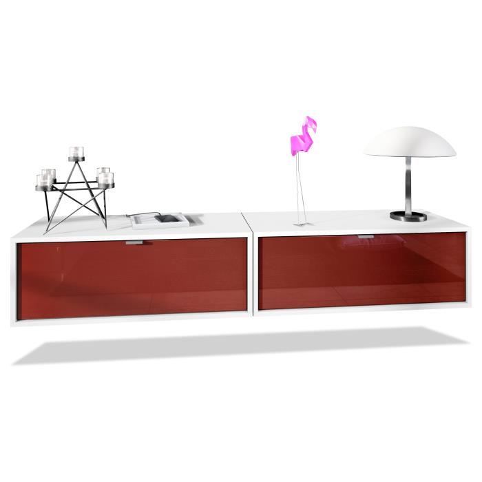 Ensemble de 2 set meuble TV Lana 80 murale lowboard 80 x 29 x 37 cm, caisson en blanc, façades en Bordeaux haute brillance