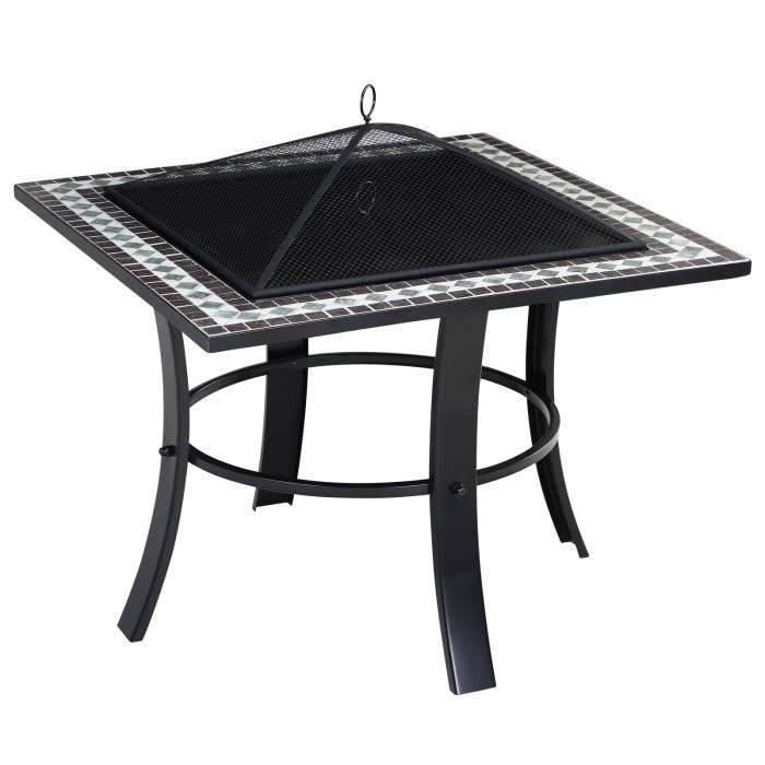 Brasero carré Runedak 76 cm acier laqué pierres mosaïque accessoires couvercle jardin terrasse feu bois charbon briquette barbecue