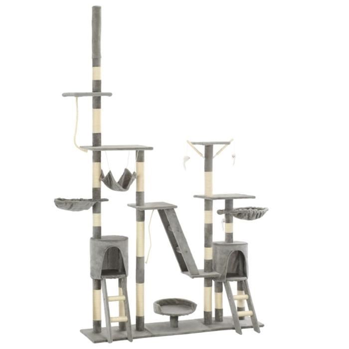 Arbre à chat avec griffoirs en sisal 230-250 cm Gris avec cadre en panneau de particules HB010