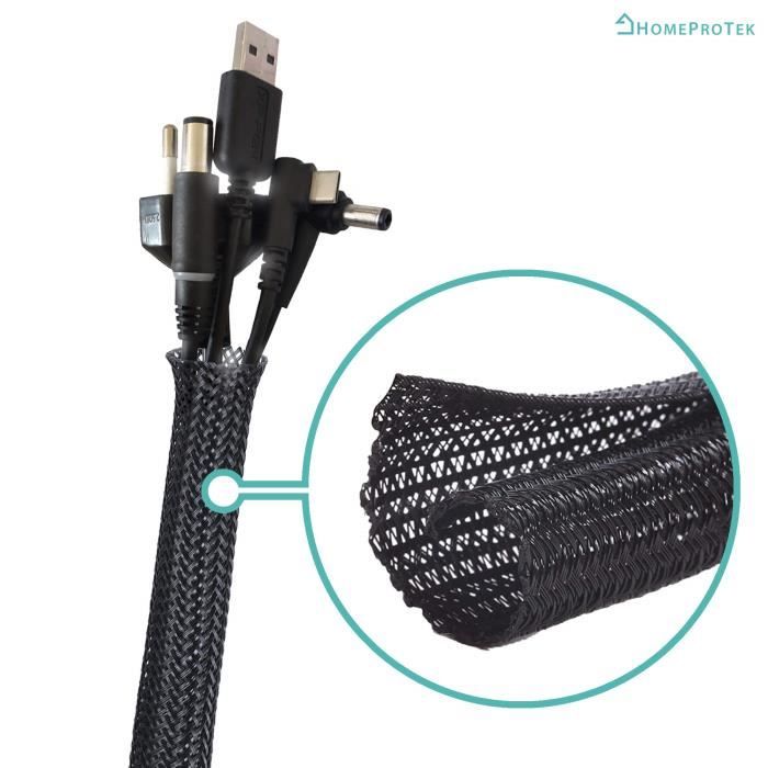 Gaine de câble flexible auto-bloquante HomeProTek - en tissé découpable - NOIR - 3m - diamètre 13-20 mm - Cache câbles bureau TV
