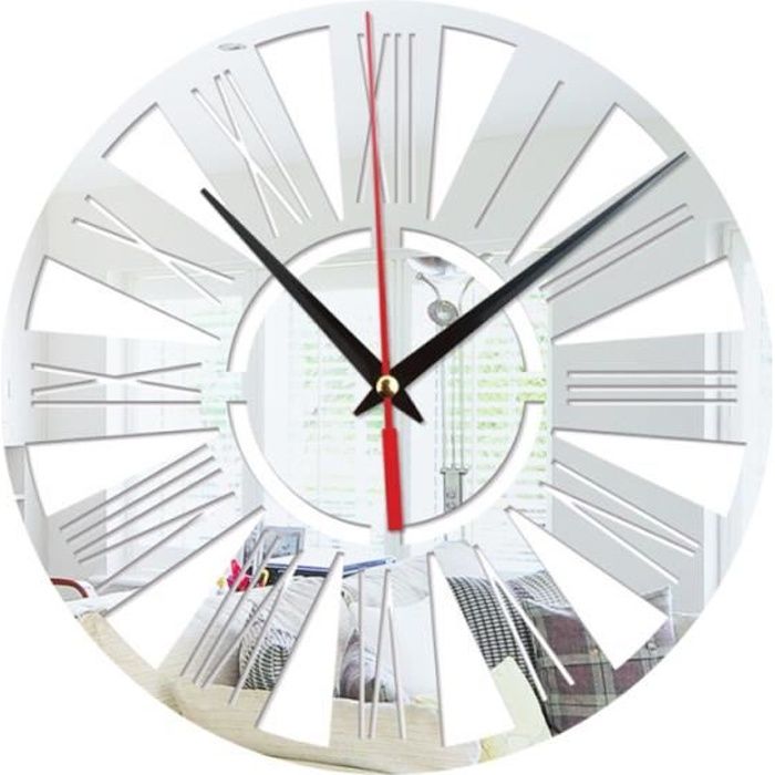 Horloge murale ronde cuisine moderne Home Decor chiffres romains forme sticker mural miroir creux sans batterie (Argent)