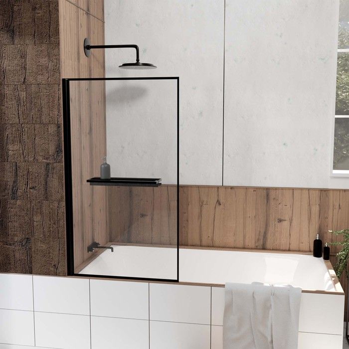 Pare baignoire Rabattable 75x130 cm en Verre Trempé - Porte-Serviette et Etagère Noir Mat