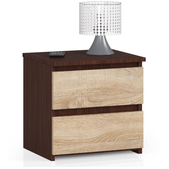Table de chevet 2 tiroirs - Dimensions 40x35x40 cm - Table de nuit style moderne - Meuble dappoint chambre - Wengé et Sonoma