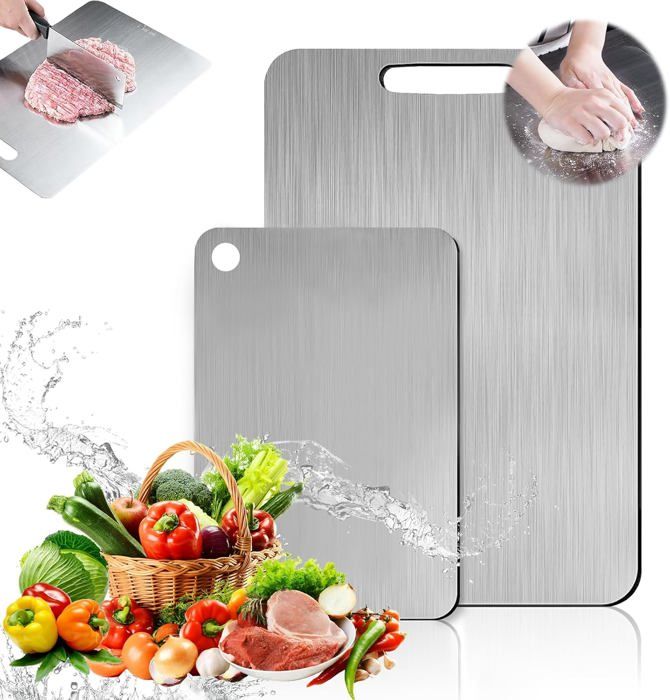 Lot 2 Planches à Découper Titane GUICHENO – Acier Inox Double Face Viande Légumes Fruits – 34x23 Cm + 25x15 Cm