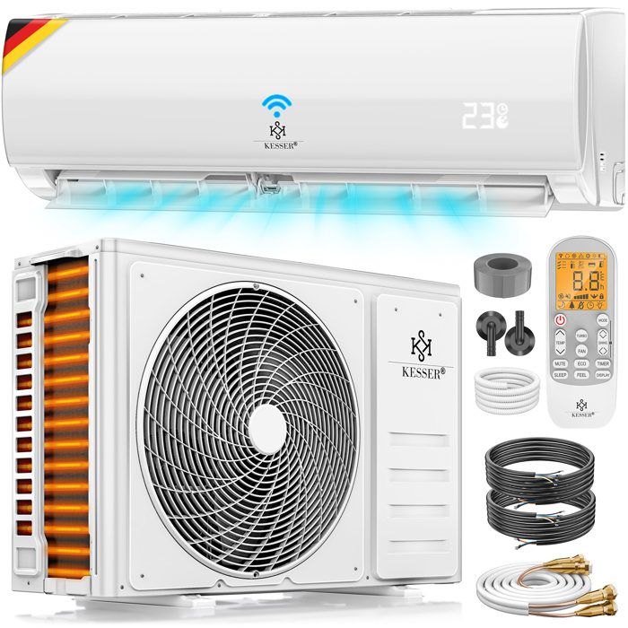 KESSER® Climatiseur fixed Quick Connect Mono Split système Kit 9000 BTU/h + WiFi APP LCD Refroidissement et Chauffage Blanc