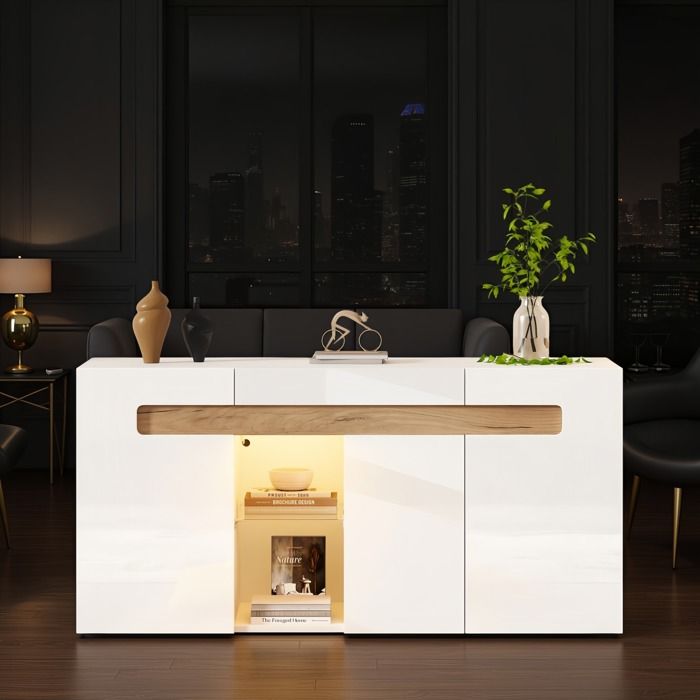 Buffet 140cm avec LED Contrôle App 3 Portes Haute Brillance Étagère en Verre Buffet 140cm avec LED Contrôle App 3 Portes Haute Brillance Étagère en Verre