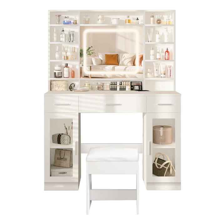 Coiffeuse avec miroir LED 3 couleurs de lumière 5 tiroirs port USB tabouret avec rangement 110 x 40 x 140 cm