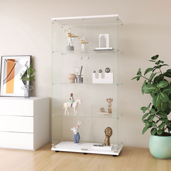 Vitrine En Verre Avec éclairage LED - 2 étagères + Serrure - Dimensions 40x36x86 Cm - Blanc/Noir