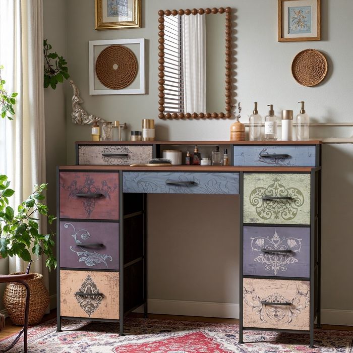 Coiffeuse - Rétro Bohème - 9 tiroirs - Plateau bois laqué - Structure métal noir miroir et tabouret