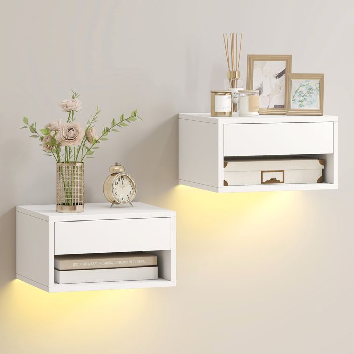 Lot de 2 tables de chevet suspendues - HOMCOM - éclairage LED RGB contrôle par application - étagère tiroir - 37x32x21cm - blanc Lot de 2 tables de chevet suspendues - HOMCOM - éclairage LED RGB contrôle par application - étagère tiroir - 37x32x21cm - blanc