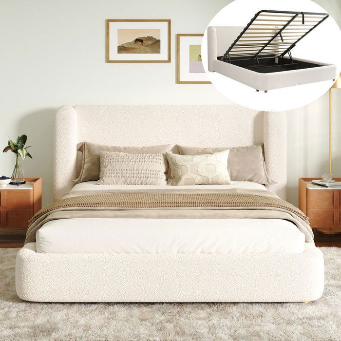 Lit double rembourré avec rangement - 160x200 cm - Beige Bouclé - Sommier à lattes inclus