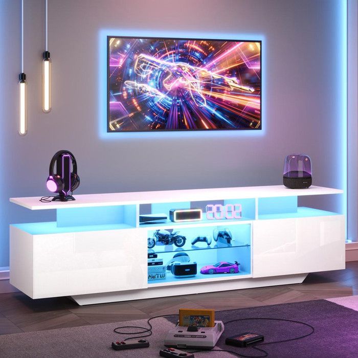 Meuble TV haut 160x40x45 cm Meuble tele avec 2 armoires Meuble tele avec barre lumineuse LED avec 8 étagères MDF TV 70 pouces