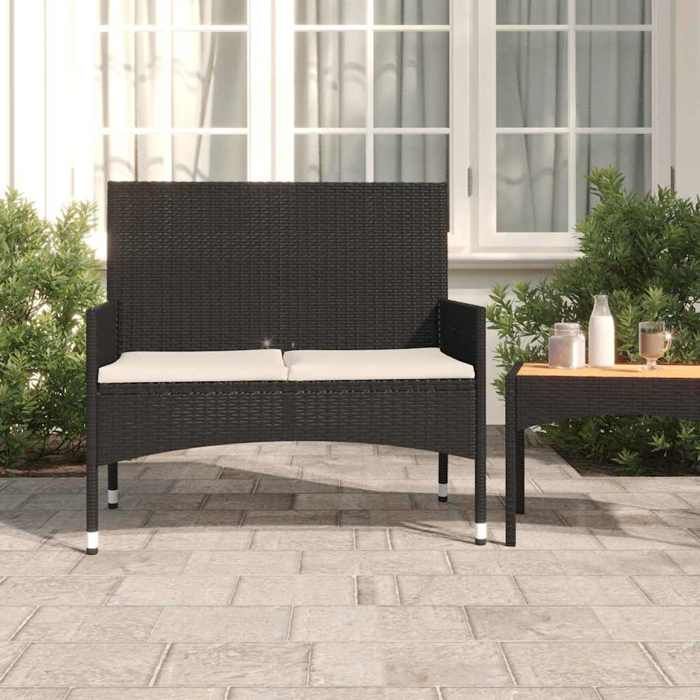 Banc de jardin 2 places - vidaXL - Résine tressée - Noir - 90x51x85 cm - Coussins crème - Cadre en acier