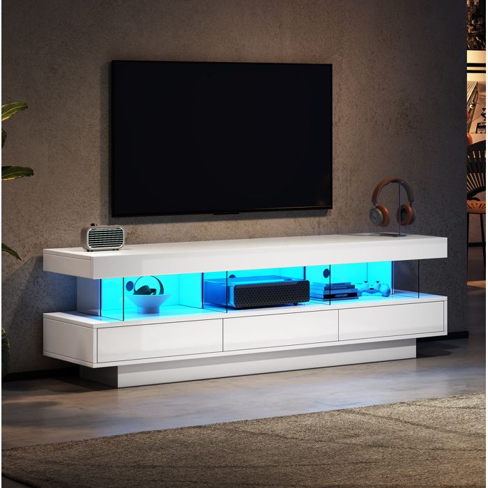 Meuble TV Haut Brillant 160x38x505 cm avec 3 Compartiments en Verre LED & Bluetooth TV jusqu’à 70