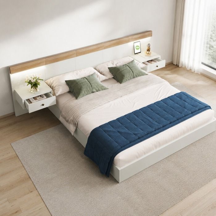 Lit double 140 x 200 cm EVRYAE avec sommier à lattes 2 tables de chevet LED USB-C et prise blanc chêne Sonoma