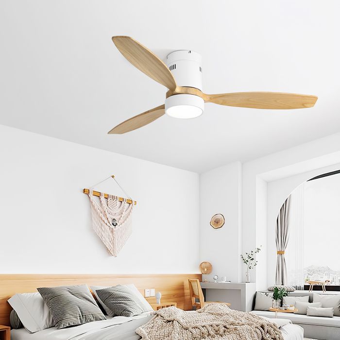 Ventilateur de plafond 132 cm avec LED télécommande et éclairage silencieux réversible métal et bois blanc - Modenuit