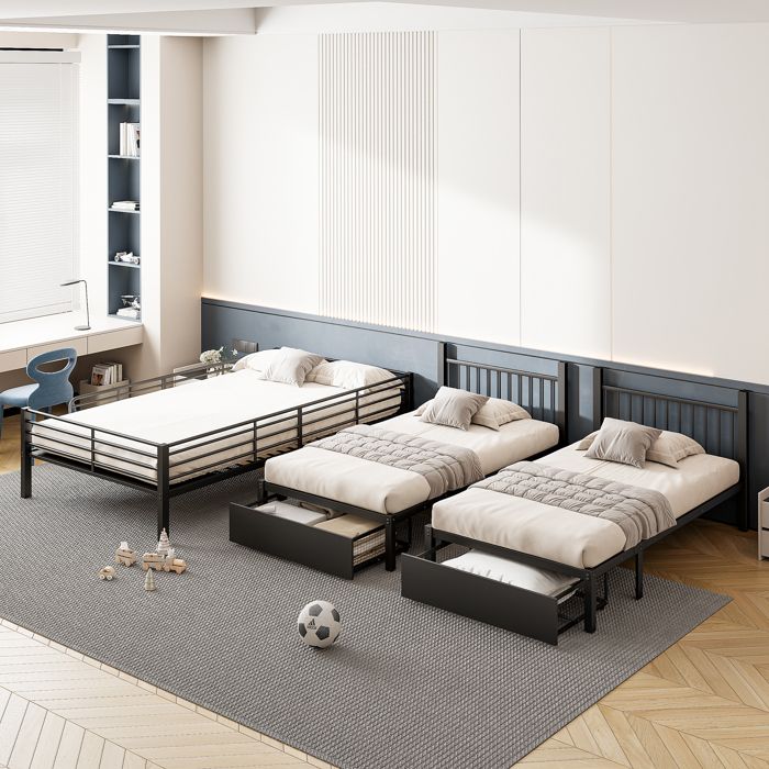 Lit superposé 3 places 90x200 cm avec tiroirs convertible en 3 lits en métal noir (sans matelas)