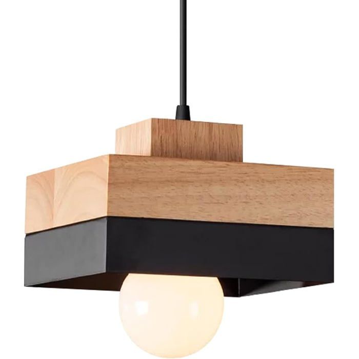 Suspension Luminaire Bois Carrée Rétro Plafonnier Vintage E27 Eclairage Intérieur Lumières Lustre Abat-jour Noir+carrée noir LUSTRE
