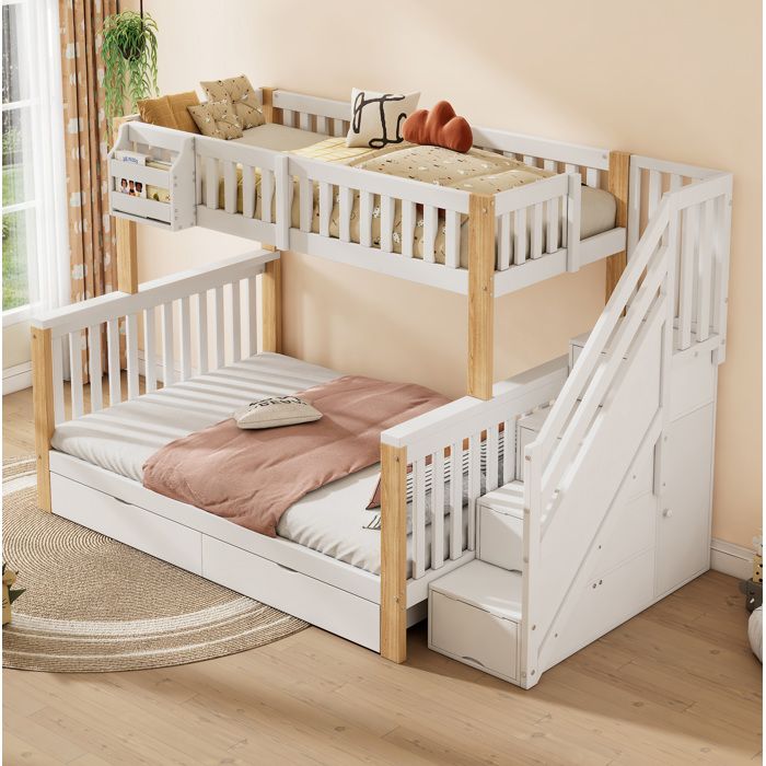 Lit superposé enfant blanc et naturel 205 x 125 5 x 164 cm avec rangements sommier inclus sans matelas