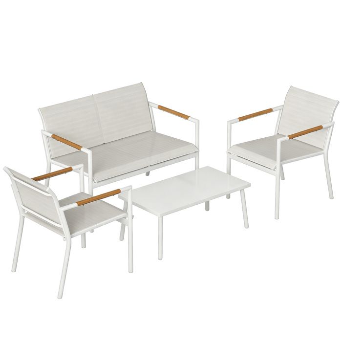 Salon de jardin - Outsunny - 1 canapé 2 fauteuils 1 table basse - métal textilène - 106x705x77cm - crème