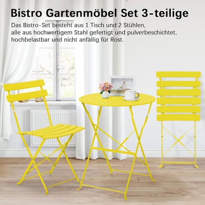 Salon de Jardin Pliable Set de Bistrot en Métal Table de Jardin 2 Chaises Pliantes Ensemble de Meubles de Balcon 3pcs Jaune