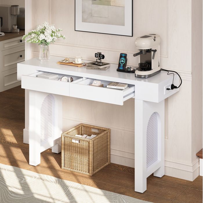 Console pratique blanche avec tiroirs et multiprises table fine idéale pour la salle d’entrée