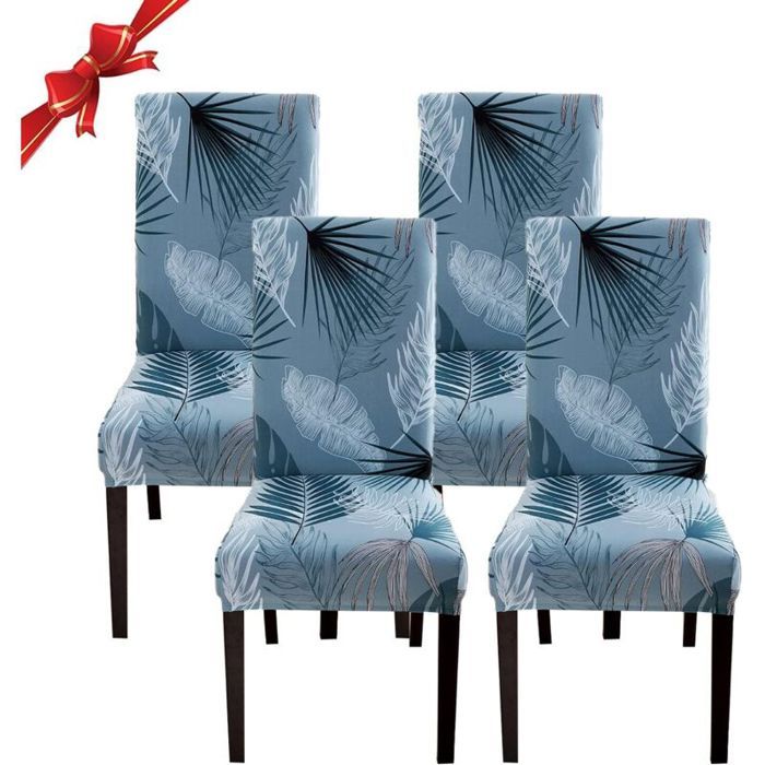 Housse de Chaise Salle à Manger Extensible 4 Pièces Housse de Chaise Universelle Lavables Couverture de Chaise Feuilles Bleues