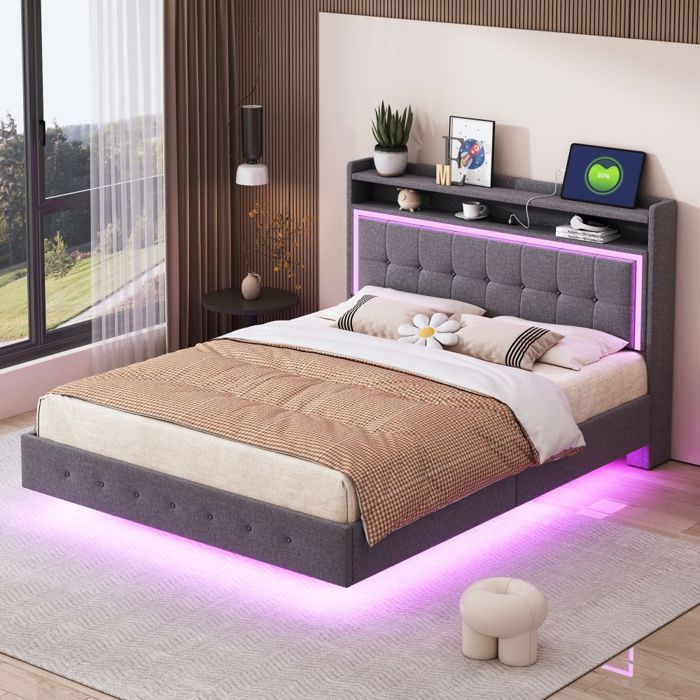 Lit 140x200cm avec LEDs-Tête Amovible-Rangement Intégré-Confort-Stable-Sans Matelas-Design Moderne