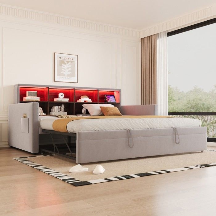 Lit canapé capitonné - Zephmum - 90x190 tête rangements LED prise tiroir extensible velours gris clair
