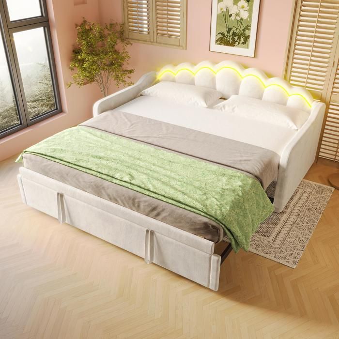 Canapé Lit convertible 2/3 places 90/180x200 cm avec LED et musique sync lit pliant avec Dossier Velours Blanc