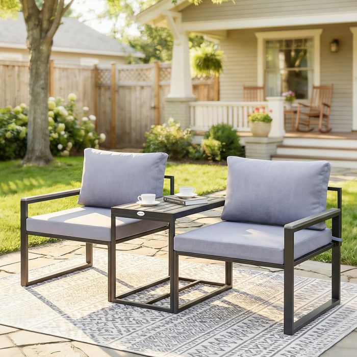 Salon de balcon 3 pièces 2 fauteuils avec table coussins assise et dossier amovibles tissu respirant gris