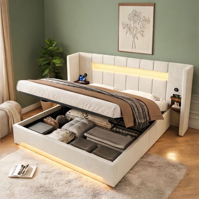 Sommier en velours warm beige avec tête de lit large et coffre de rangement 160×200 cm