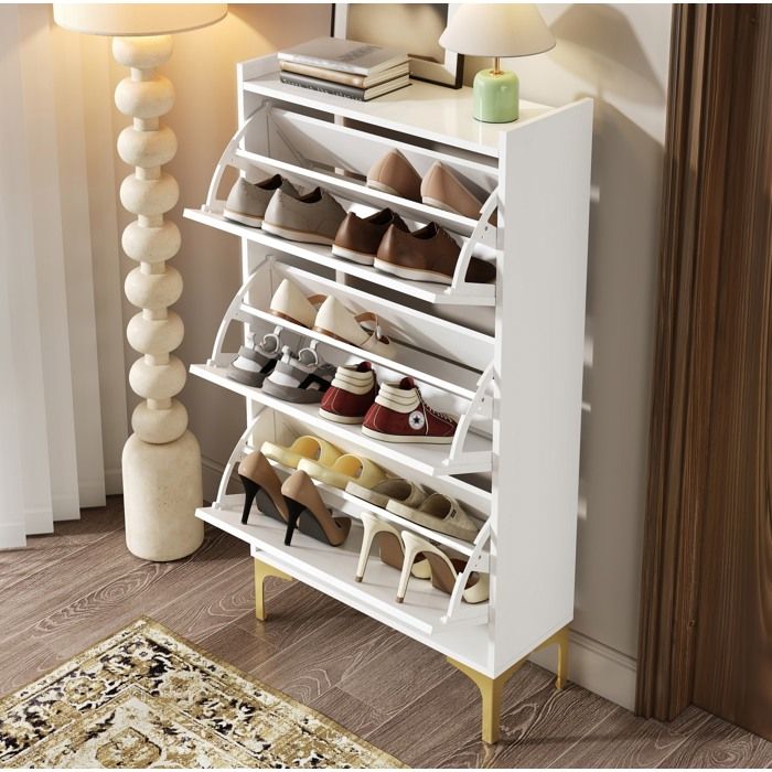 Meuble à chaussures blanc en MDF 3 abattants rangement vertical gain de place avec pieds métalliques dorés
