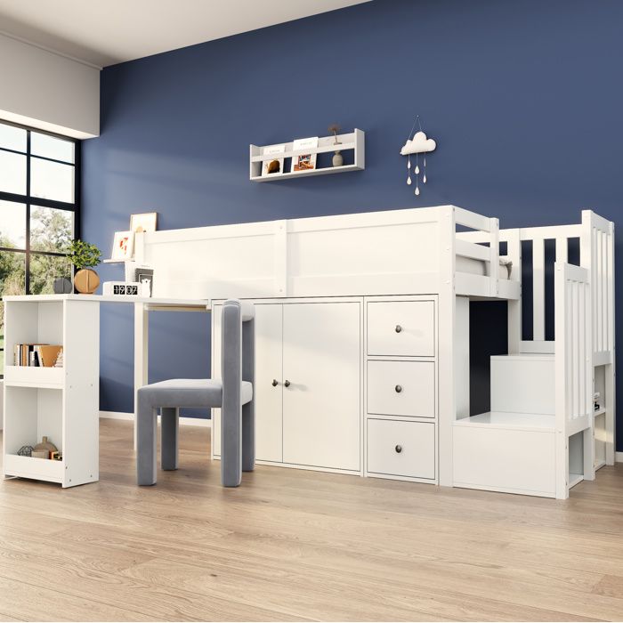 HOMVRA Lit mezzanine enfant 90 x 200 cm avec bureau extensible armoire 3 tiroirs escalier rangement MDF blanc