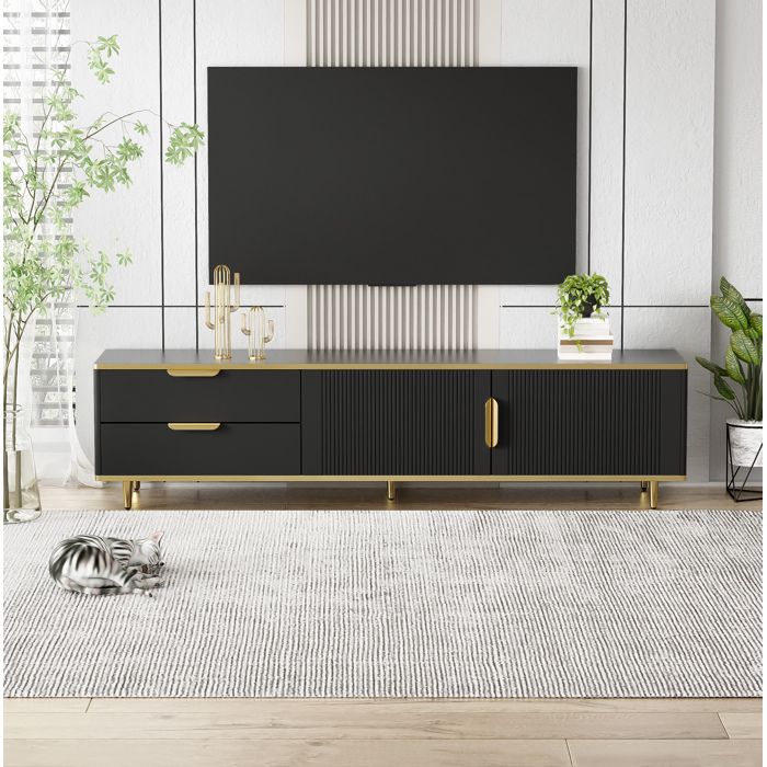 Meuble TV avec 2 Tiroirs et 2 Portes Façades Sculptées - MEUNIQ - Mat Noir et Or pour Salon 170×37×45 cm