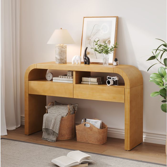 Table Console En MDF Naturel Console Moderne FloraGrace Pour Entree Couloir Ou Salon Avec 2 Tiroirs Et 2 Niches 120x35 5x76 5cm