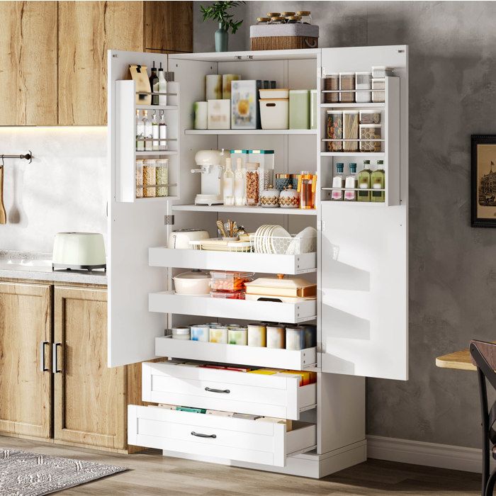 WOVREO Meuble haut de cuisine 80 x 37 x 180 cm blanc MDF 2 portes 2 tiroirs 3 étagères coulissantes