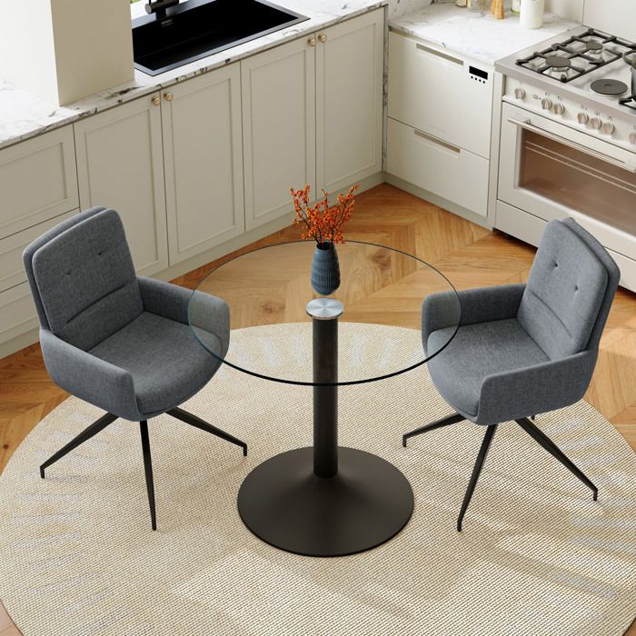 Table de salle à manger ronde 2 personnes 2 chaises pivotantes 360° - ELVMI - Verre trempé métal noir gris foncé