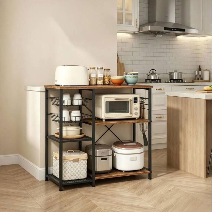 ROVRYN etagere de cuisine 90 x 40 x 82 cm support micro-ondes metal et panneaux de particules noir marron