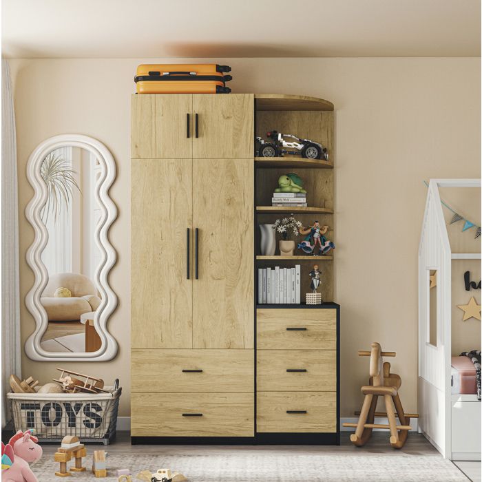 Armoire avec 5 tiroirs tringle à vêtements et rangements ouverts 110 × 40 × 186 cm naturel et noir - UVRION