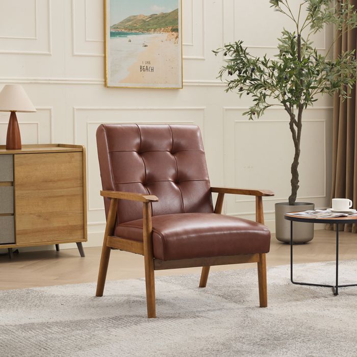 Fauteuil de salon en cuir véritable - Cuir de vache véritable - Accoudoirs - Bois d’hévéa - Style scandinave - Fait main