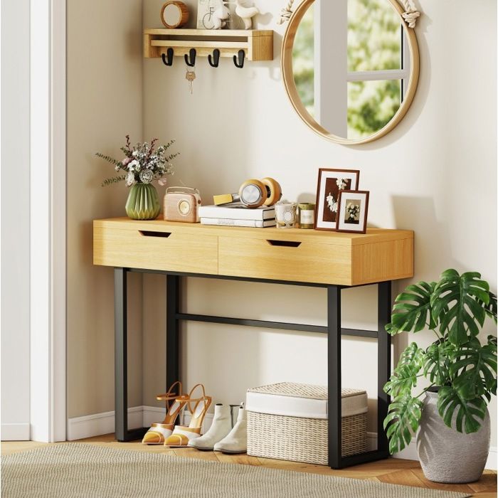 Table d’entrée console étroite 110 x 35 x 76 5 cm 2 tiroirs cadre métal bois naturel avec kit anti-basculement JOINERY